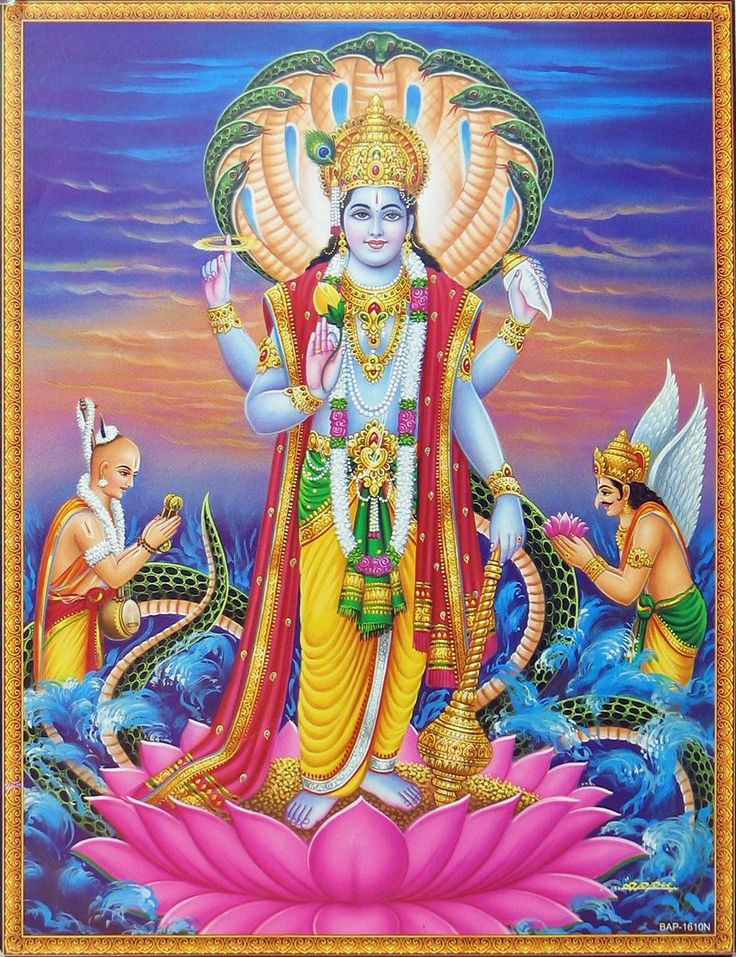 the hindu god with two other deities in front of him and one is holding a lotus