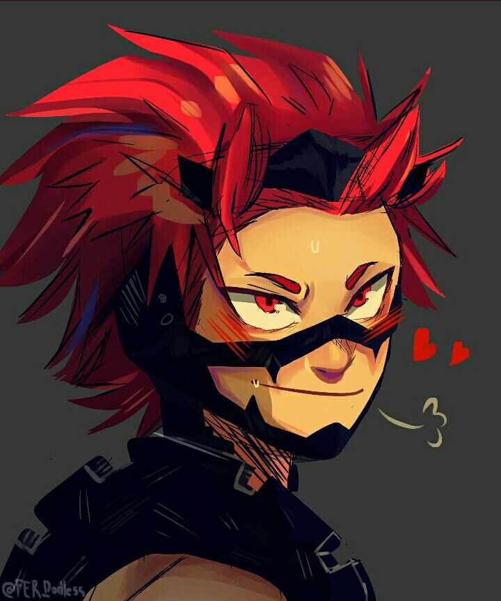 an anime character with red hair and black clothes, wearing a mask on his face