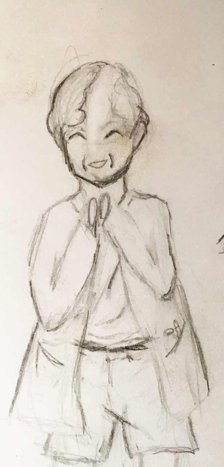 a drawing of a boy in shorts and a shirt with his hands on his chest