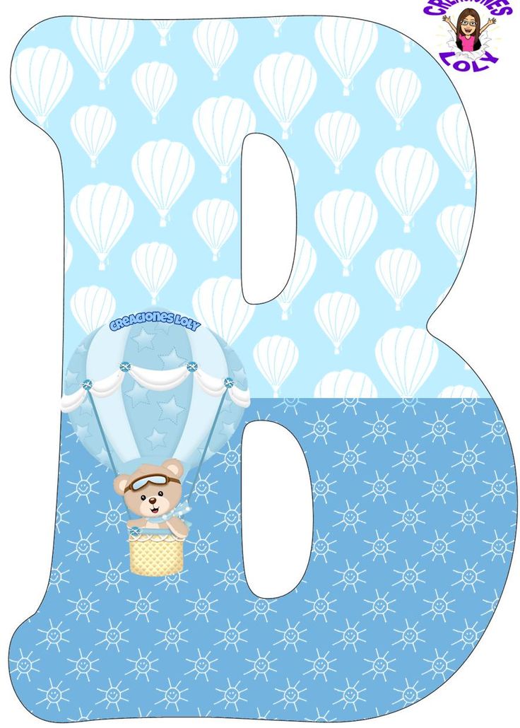 the letter b with a teddy bear in it and hot air balloons on blue background