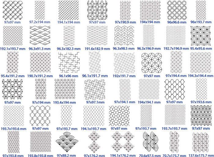 the different patterns and sizes of tiles are shown in black and white, as well as measurements