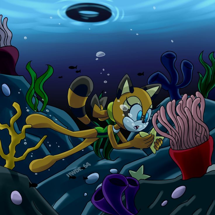 an image of a cartoon cat diving in the ocean with corals and seaweed