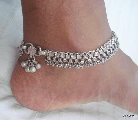 Vintage Antique tribal old silver ANKLET feet bracelet pair from Rajasthan India. Worn by tribal people of Rajasthan India. good flexible, Great piece for tribal style belly dance or ethnic jewellery collector.Note - If you combine both anklet you can use as a necklace.Length - 24.5 cm(9.64") we can adjust the length.width include bells - 1.5 cm(0.6") weight for pair- 102 gramsmaterial - Silver & original old worn pair. Feet Bracelet, Silver Anklets Designs, Foot Bracelet, Anklet Designs, Traditional Indian Jewellery, Silver Anklet, Ankle Chain, Vintage Sterling Silver Rings, Silver Anklets