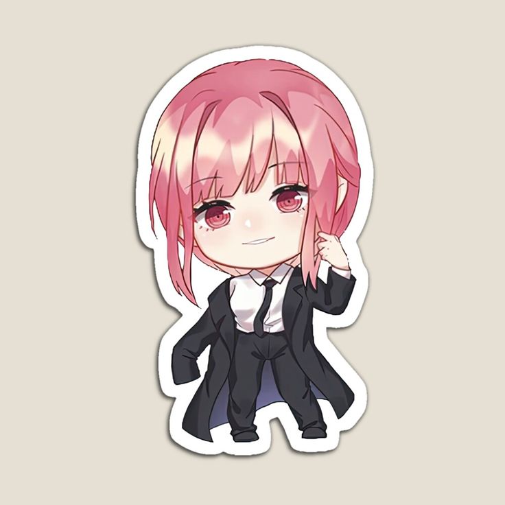 an anime character with pink hair and red eyes wearing a black suit, standing in front of