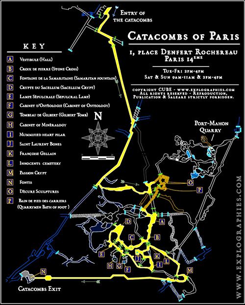 a black map with yellow and blue lines on it's sides, showing the locations of catacombs of paris