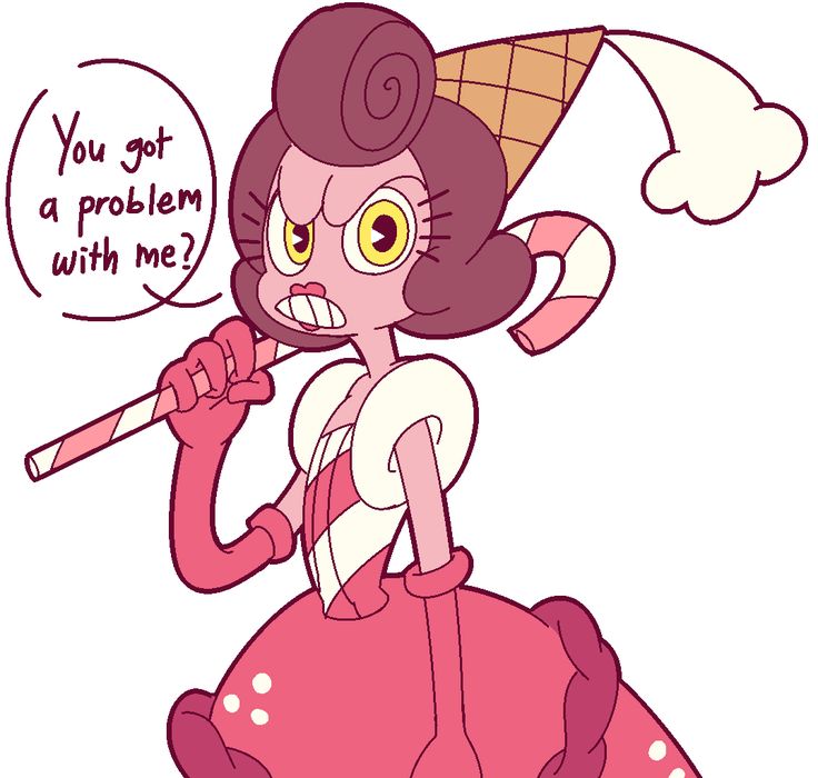 a cartoon character with an ice cream cone on her head, holding a stick and looking at the camera