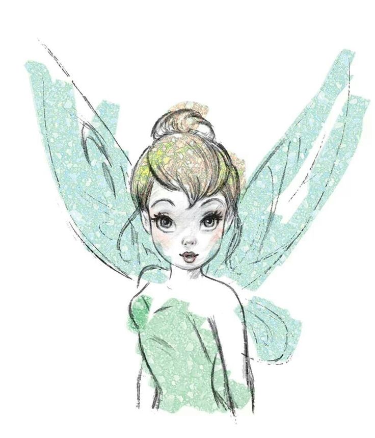 a drawing of a fairy with wings on her head and green dress in front of white background