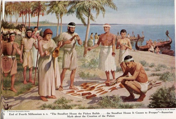 an old painting shows men preparing food on the beach