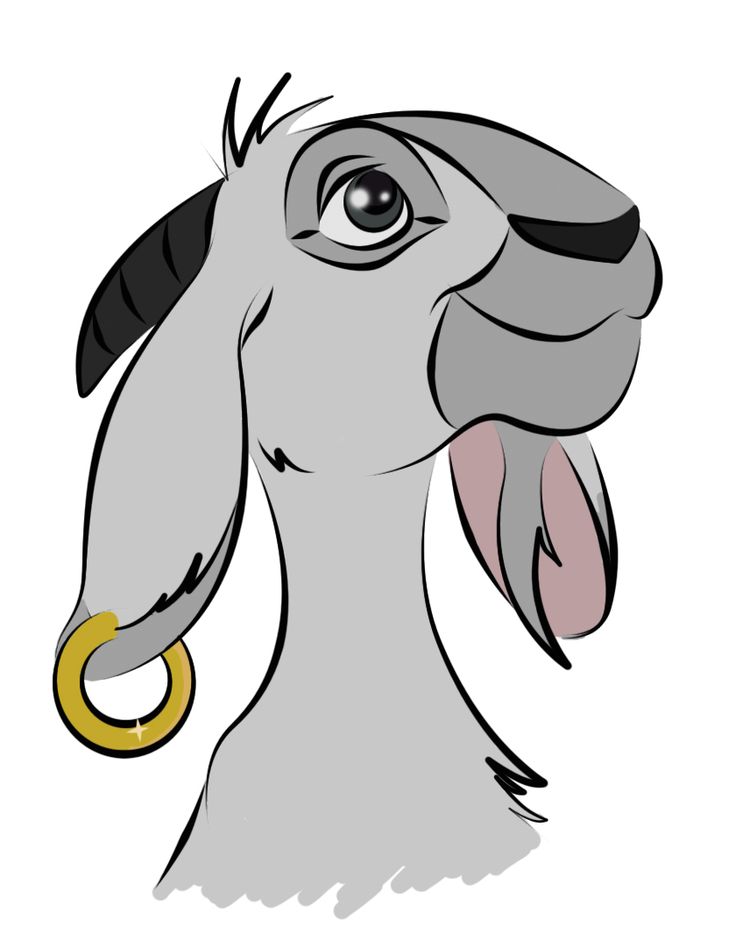 the head of an animal with a ring in it's mouth and ears, on a white background