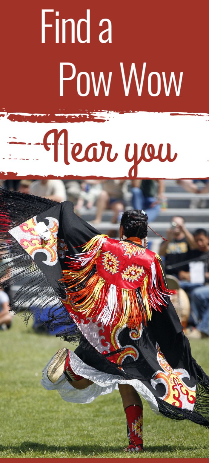 a woman in a red and black dress is holding a flag with the words, find a pow wow near you