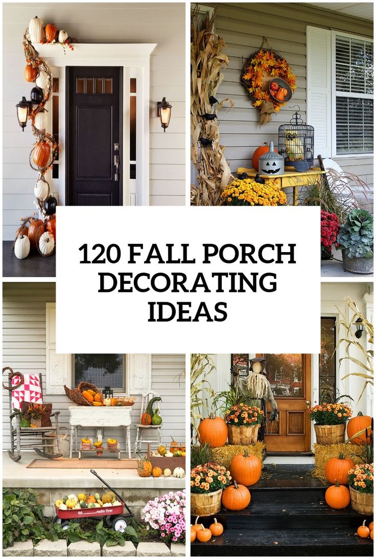 the front porch decorated for fall with pumpkins and gourds