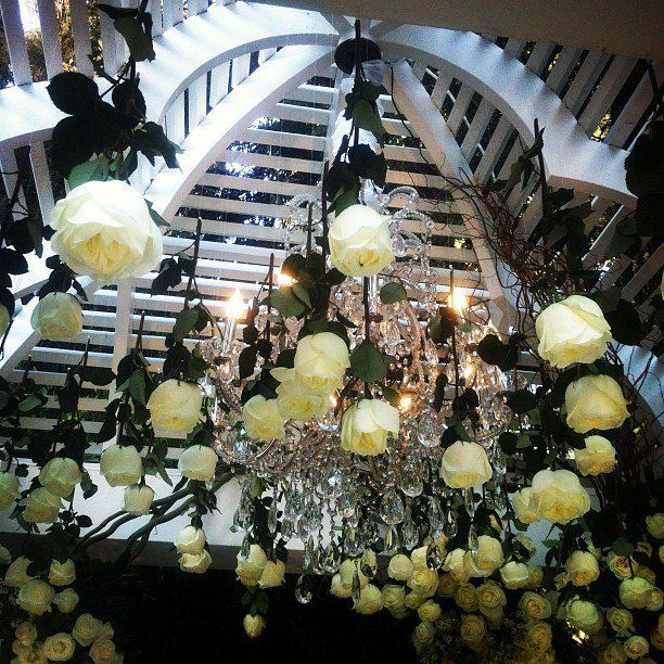 a chandelier with roses hanging from it's sides and lights on the ceiling