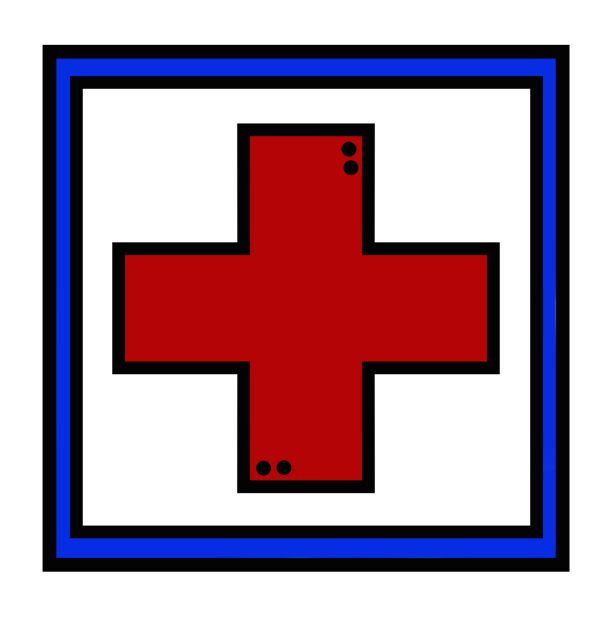 a red cross on a white background with blue border around the center and bottom edge