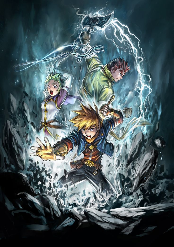 three anime characters in front of a blue background with water splashing around them and lightning coming