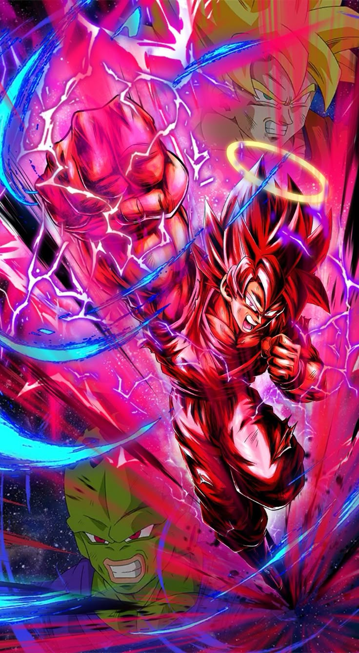 the dragon ball character is surrounded by purple and blue lightening, as well as other characters