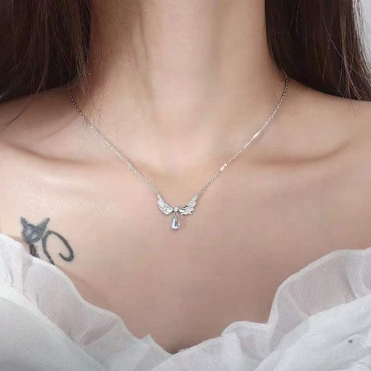 Metals Type: Zinc AlloySize 40cm + 4cm Ali D'angelo, Fashion Angels, Angel Wings Heart, Moonstone Pendant Necklace, Crystal Angel, Pendant Necklace Simple, Wing Necklace, Y2k Pink, Elegant Necklace