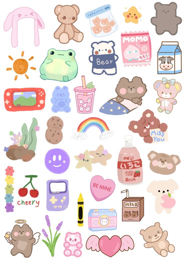 a bunch of stickers that are on top of a white surface with the words hello kitty