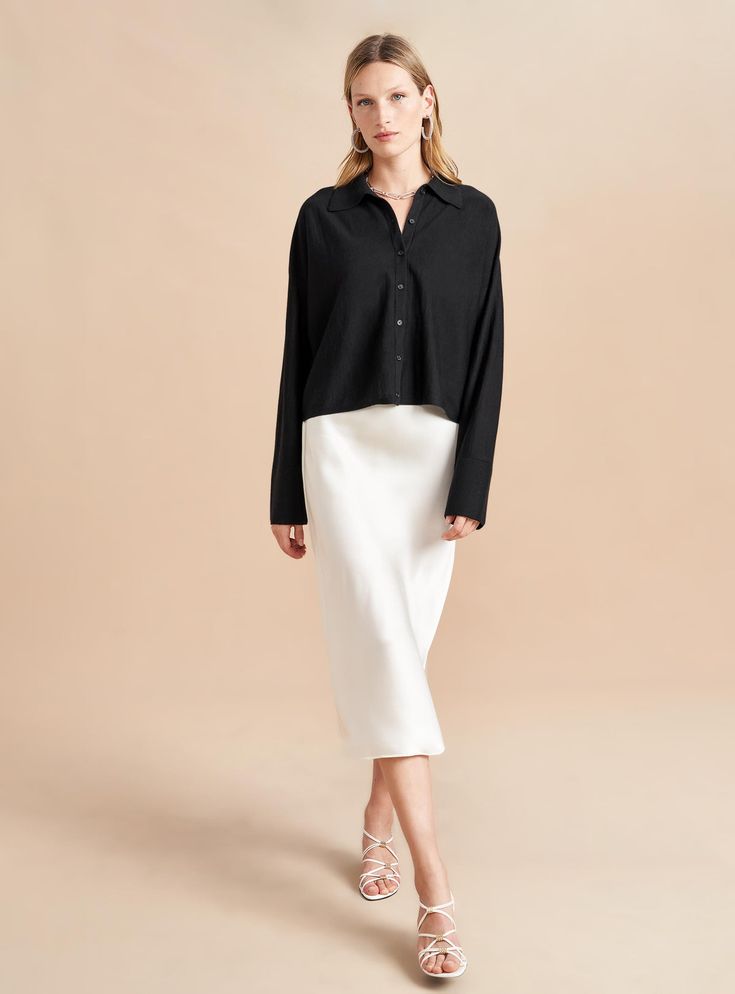 Bianca Skirt | La Ligne NYC Meredith Melling, Summer Somewhere, Slip Skirt, Wide Sleeves, Knit Shirt, Vneck Sweater, Black Shirt, Elastic Waist, Button Down Shirt