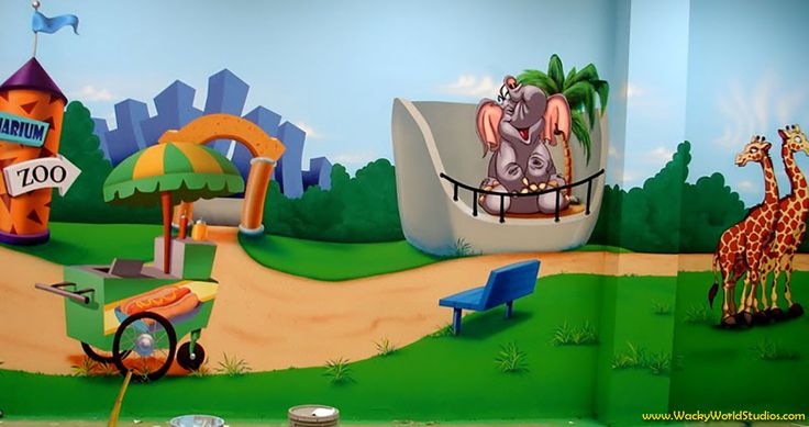 a child's playroom with giraffes and zoo animals painted on the walls