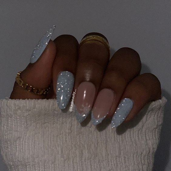 Blue Prom Nails, Blue And Silver Nails, Hoco Nails, Light Blue Nails, Baby Blue Nails, Formal Nails, Blue Acrylic Nails, Blue Nail Designs, Almond Acrylic Nails