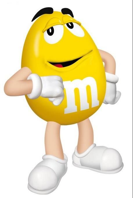 a yellow m & m's character is posing for the camera