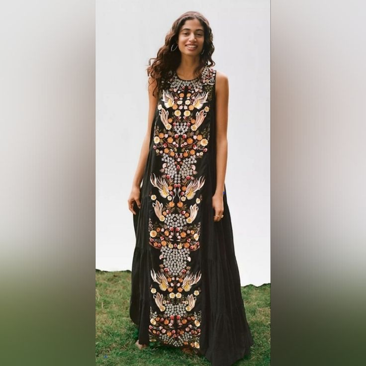 Nwt Anthropologie Samant Chauhan Jacaranda Black Embroidered Tiered Maxi Dress Size 2. Beautiful Black Dress, Hand Embroidered, Lined. Sb 58% Cotton/42% Viscose // Lining 100% Cotton Bohemian Maxi Dress With Floral Embroidery For Party, Spring Embellished Black Maxi Dress, Black Folk Embroidered Summer Dress, Black Folk Style Summer Dress, Black Embroidered Maxi Dress For Spring, Bohemian Floor-length Dress With Resham Embroidery, Black Bohemian Floor-length Dress, Bohemian Black Floor-length Dress, Black Folk Dress For Spring