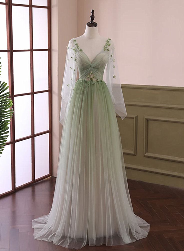 Green Tulle Dresses, Fairy Bridesmaid Dress, Green Organza Evening Dress For Banquet, Green Embellished Tulle Dress, Green Organza Evening Dress, Green Tulle Dress With Sweep Train, Green Embellished Evening Dress For Spring, Embellished Green Evening Dress For Spring, Spring Green Embellished Evening Dress