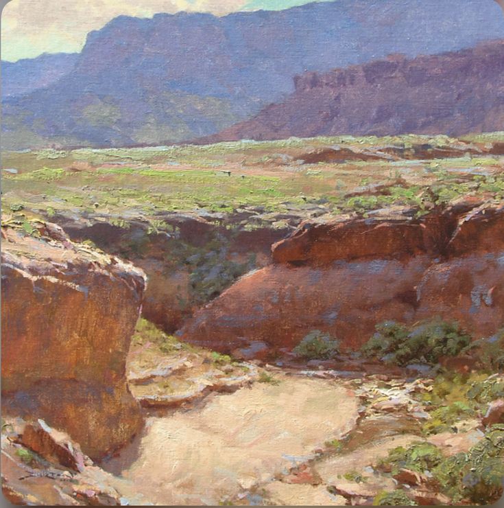 an oil painting of a rocky landscape with mountains in the background