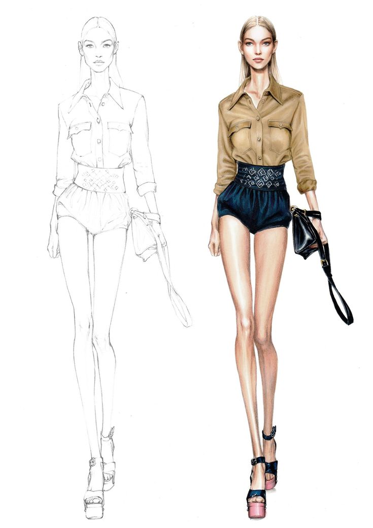 a drawing of a woman in short shorts and shirt