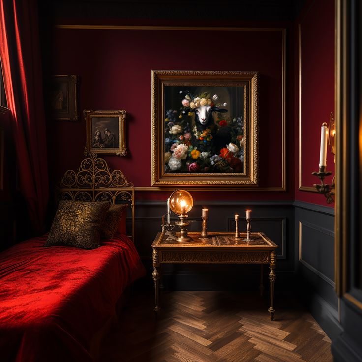 Red Renaissance style Dark Academia Aesthetic Bedroom with lamb oil painting wall art in gold frame Dark Red Walls Bedroom, Dark Red Bedroom Aesthetic, Dark Red Bedroom, Academia Bedroom Ideas, Maroon Room, Simple Bed Design, Maroon Bedroom, Red Bedroom Walls, Maroon Decor