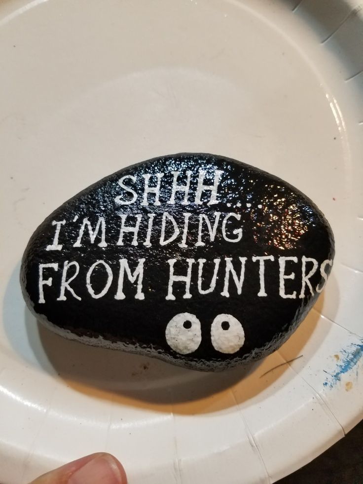 a rock with the words shh i'm hiding from hunters written on it