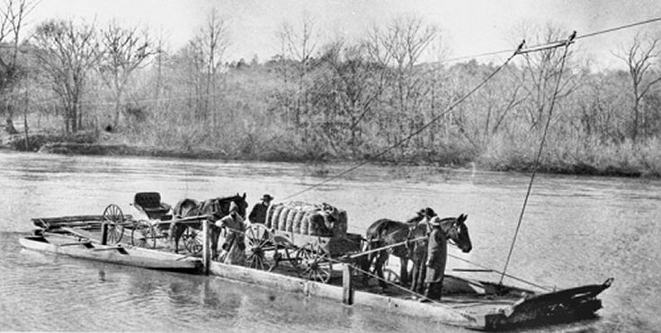 an old photo of people in a boat on the water with horses attached to it