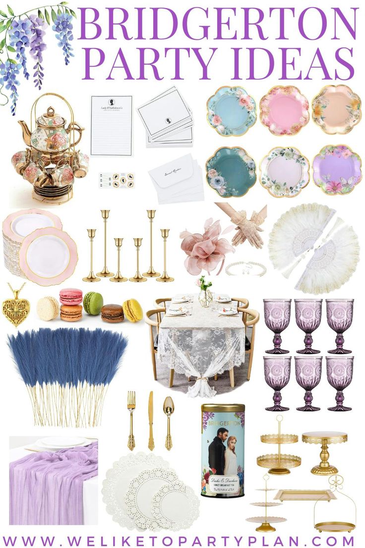 a collage of purple and white items with text that reads bridal party ideas