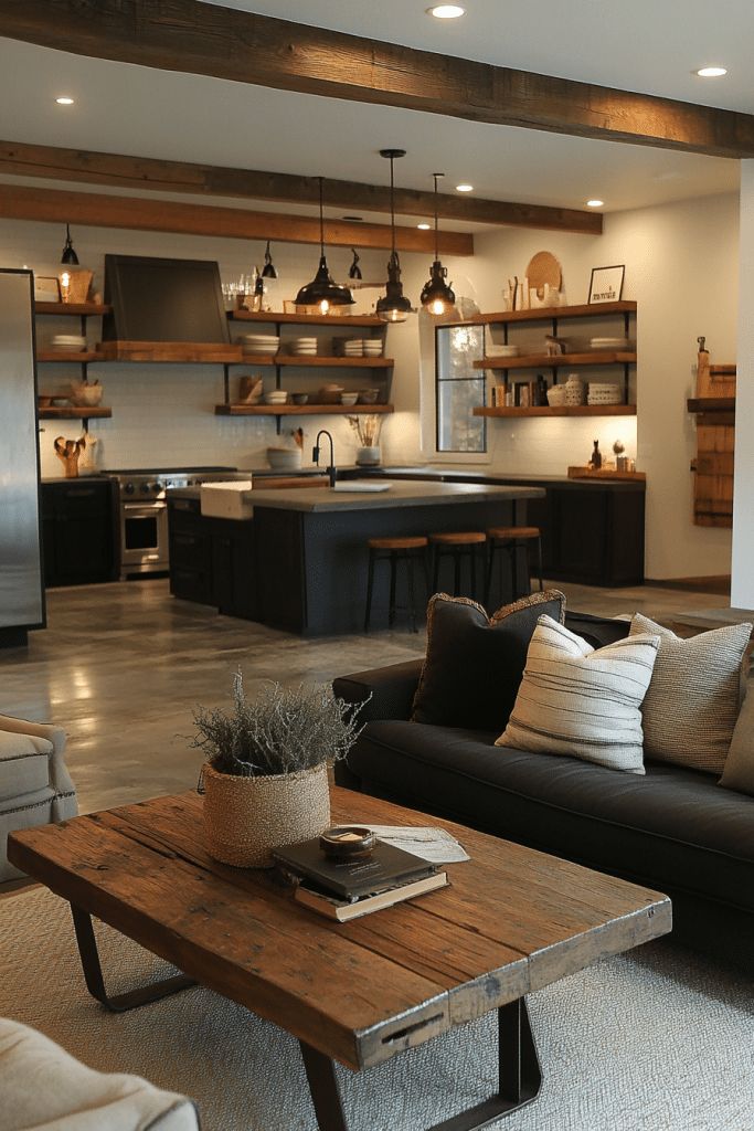 a living room filled with furniture and a wooden table in front of an open kitchen