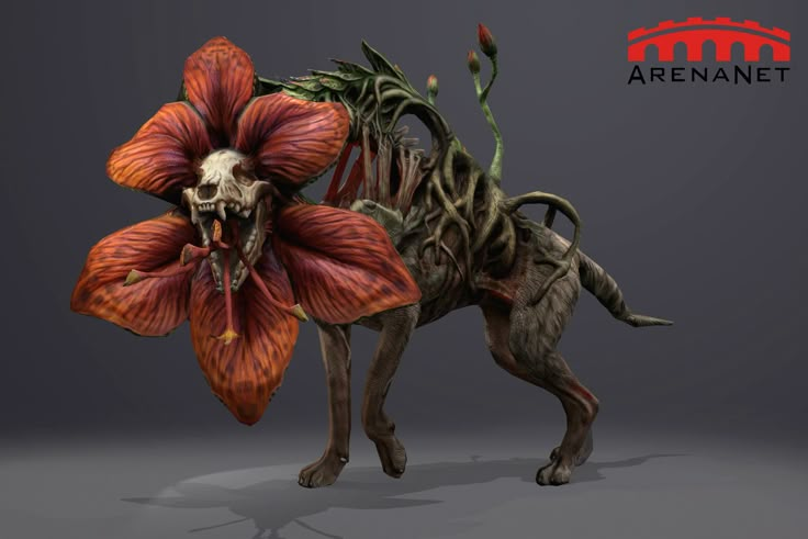 an image of a dog with flowers in its mouth and skull on it's back