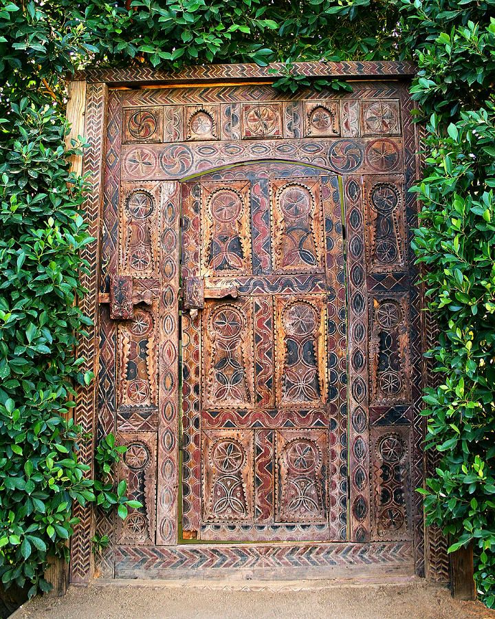 an ornate wooden door surrounded by greenery