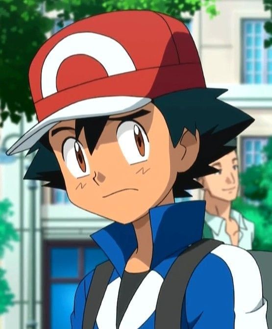 an anime character wearing a red and white baseball cap with two other people in the background