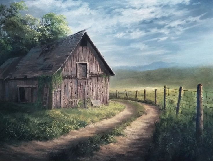 a painting of an old barn on a country road