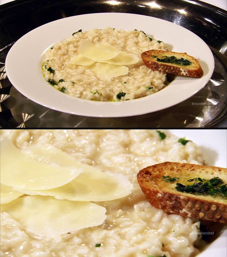 two plates with different types of food on them, one has bread and the other has gravy