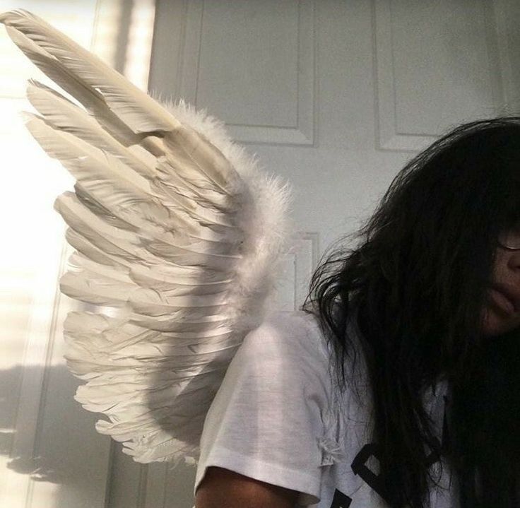 a woman with long hair and angel wings