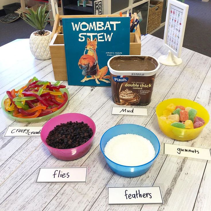 the table has bowls of food on it with labels for different items to put in them