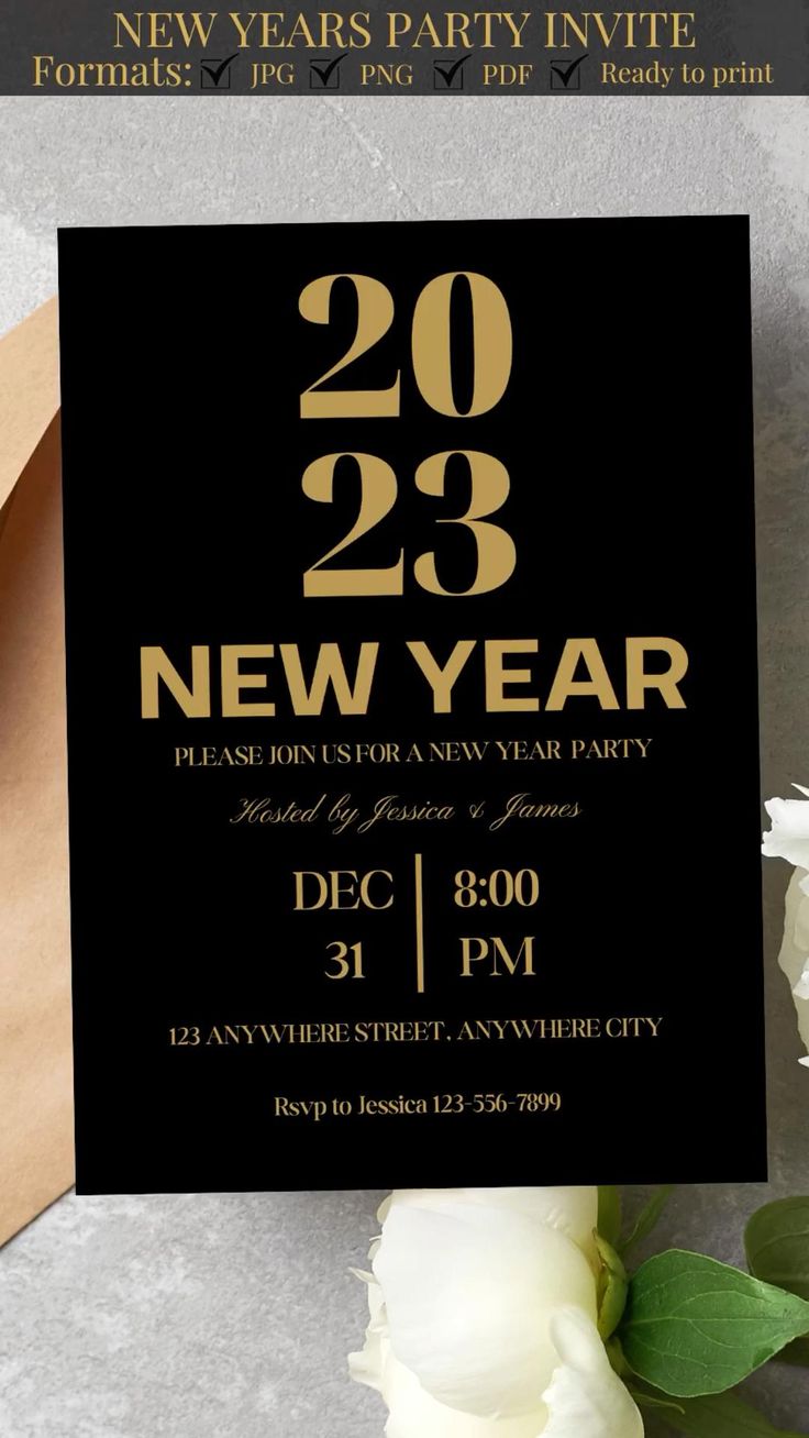 New Years Eve Party Celebration Invitation, Gold and Black Elegant ...