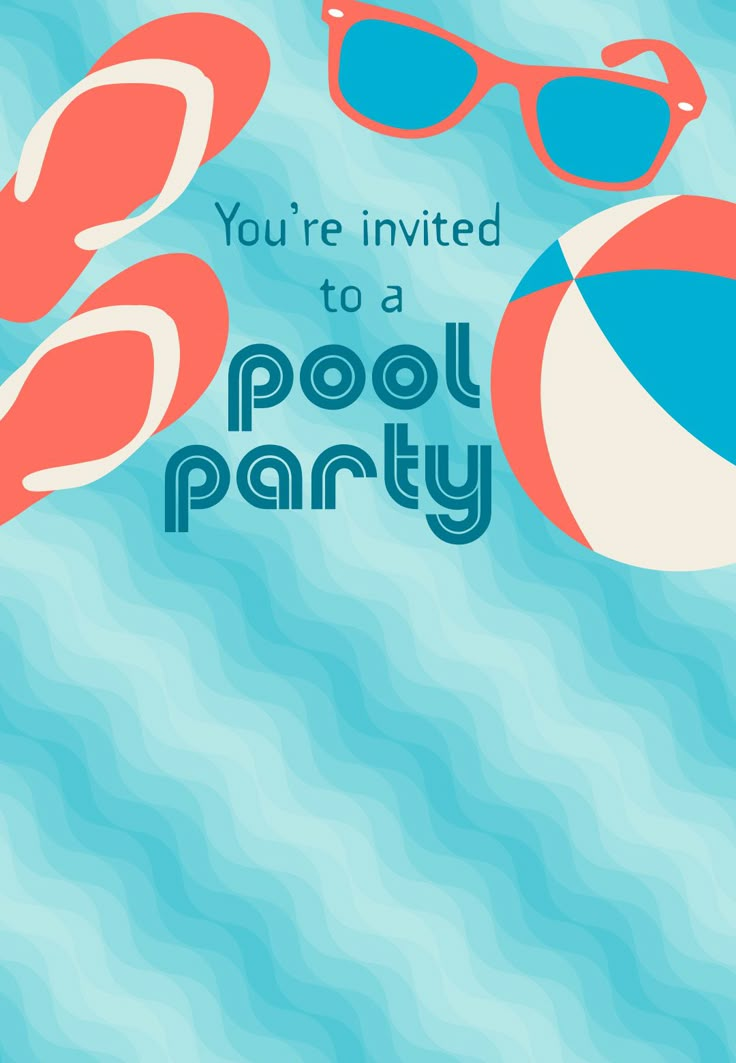 an image of a pool party card with sunglasses and beach ball on the water,