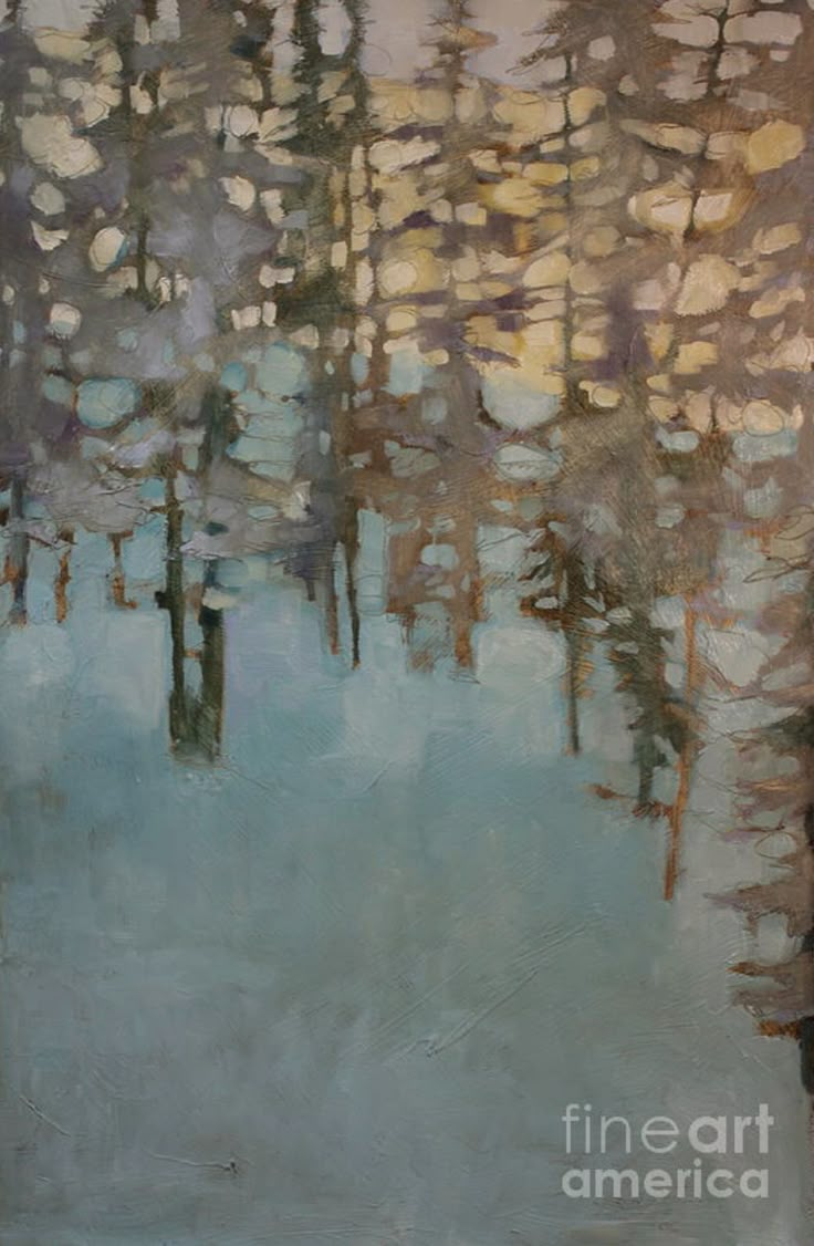 an oil painting of trees in the snow