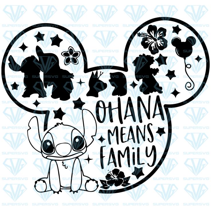 mickey mouse with the words ohana means family on it's face and stars