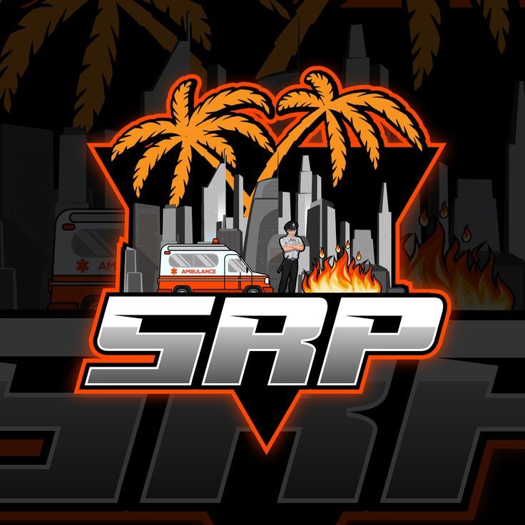 an orange and black logo with palm trees in the background that says,'srp '