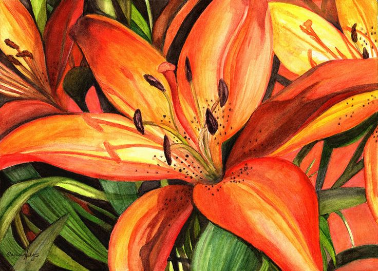 a painting of orange lilies with green leaves