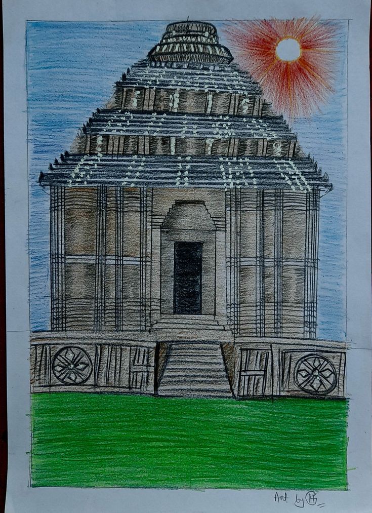 a drawing of a building with a sun in the background