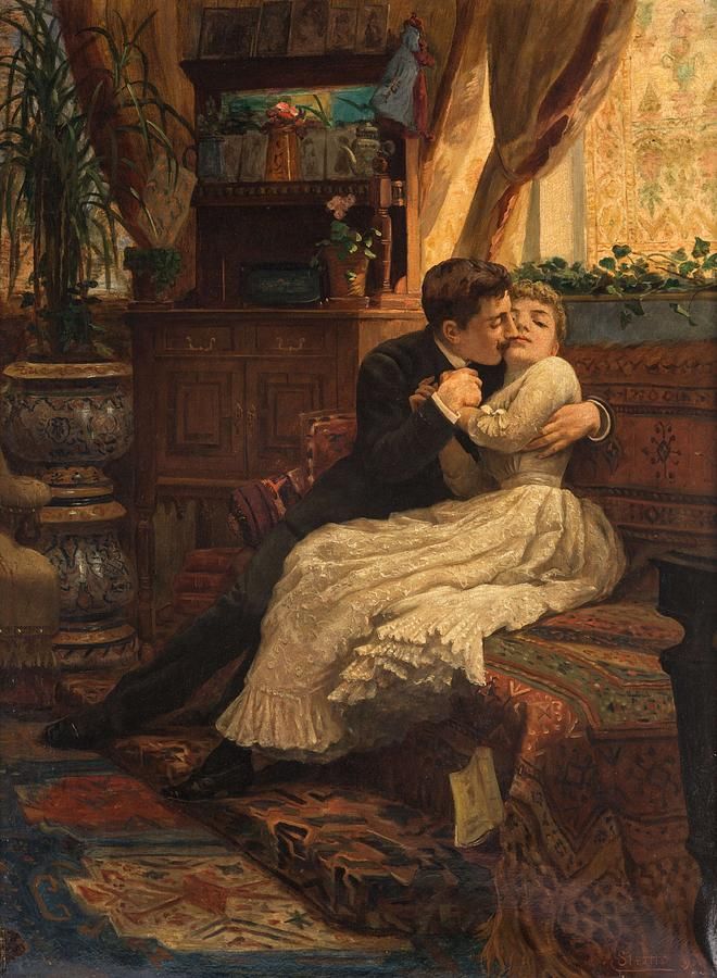 a painting of a man and woman hugging