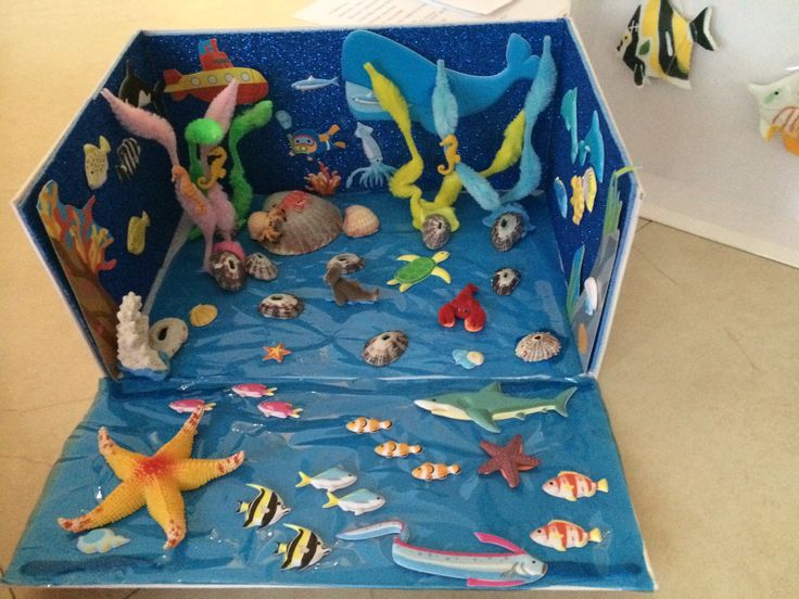 an ocean scene with fish, starfish and other sea creatures in a blue box